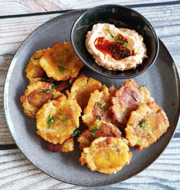 Tostones Mexican Bean Salad smokin senroita salsa macha crispy chili oil